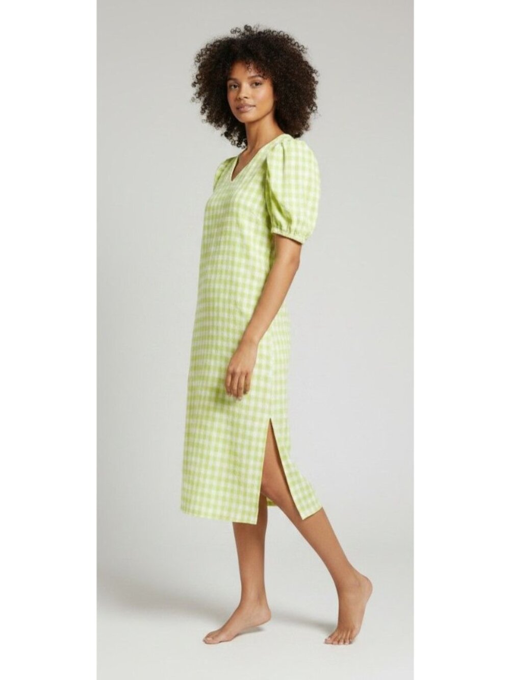 Halogen Puff Sleeve Midi Dress, Lime Green/ White, M - Picture 2 of 11